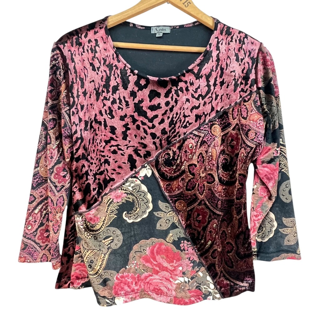 Caia Womens Patchwork Velvet Burnout Animal‎ Paisley Floral Top Pink Black Large